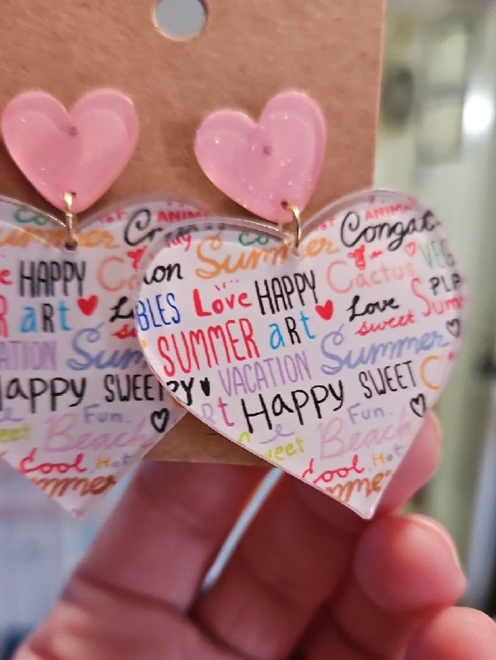 Unbranded Pink Heart Drop Earrings with Colorful Word Art Hearts